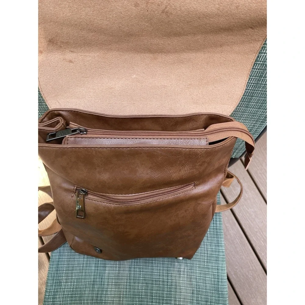 LXY Vegan Leather Backpack Brown Flap Buckle Laptop Pocket Travel Bag